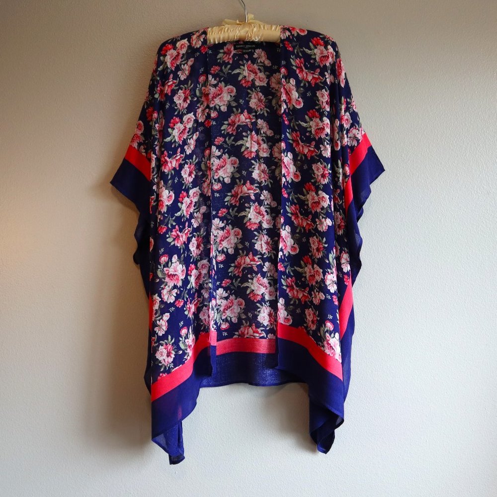Mario Serrani Floral Scarf Kimono Cardigan Pink and Navy Blue Size One Size